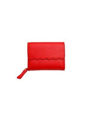 Red Scalloped Edge Compact Vegan Faux Leather Wallet With Zipper & Snap Closure